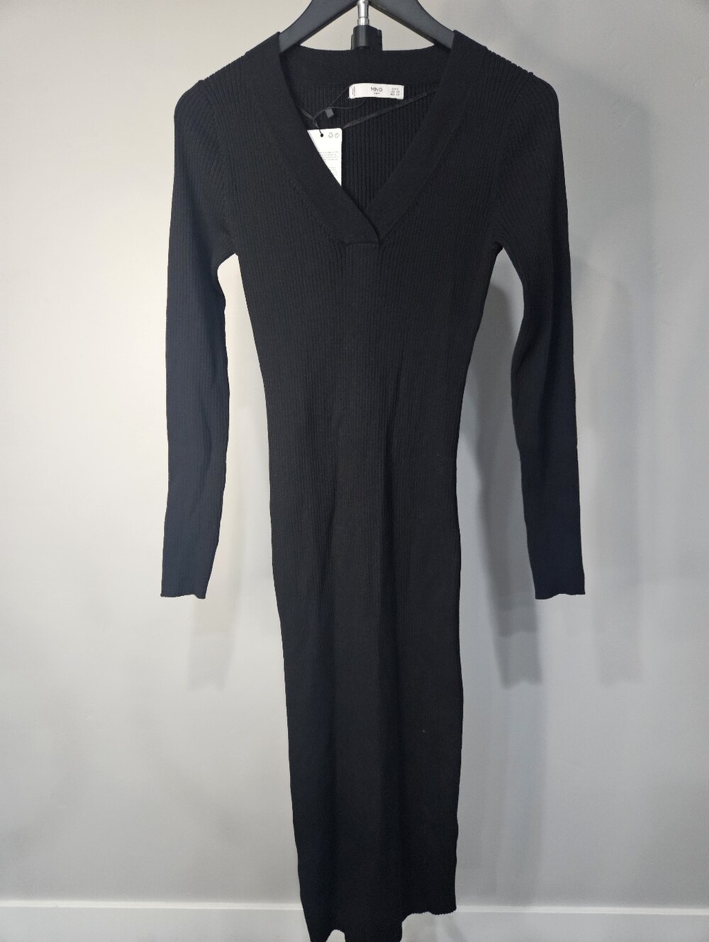 New Mango black long sleeve v-neck knit dress